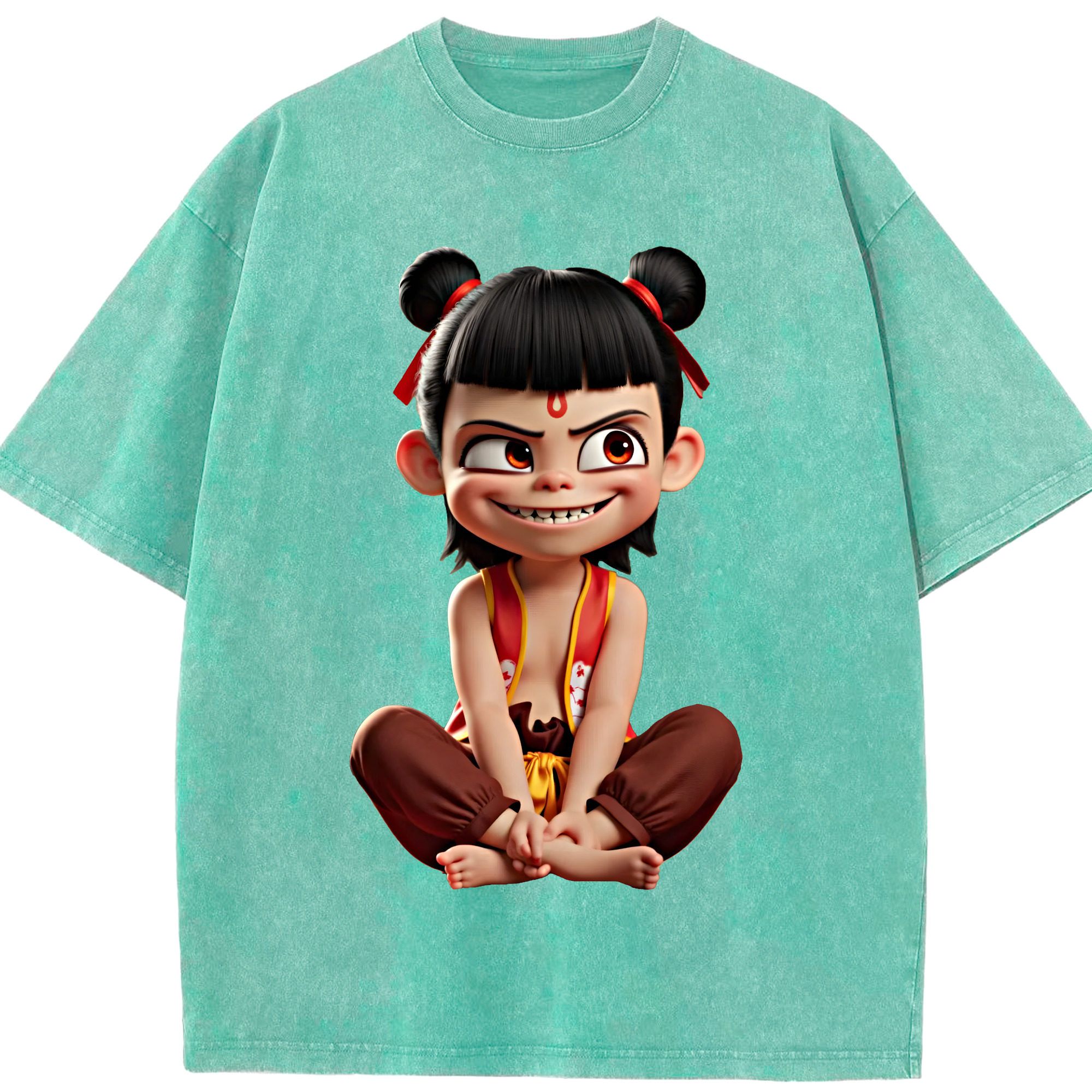 （画像用） Ne Zha 2 ナタ 魔童の大暴れ 綿100% ヴィンテージ風 半袖Tシャツ（フロントプリント）